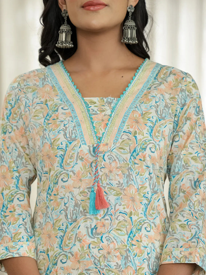 Blue Pure Cotton Floral Print Kurta Dupatta Pant Set