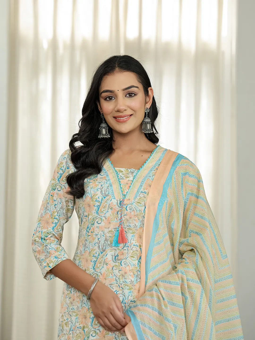 Blue Pure Cotton Floral Print Kurta Dupatta Pant Set