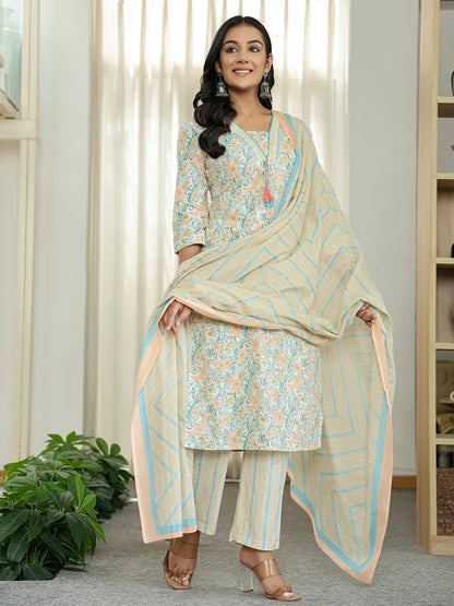 Blue Pure Cotton Floral Print Kurta Dupatta Pant Set
