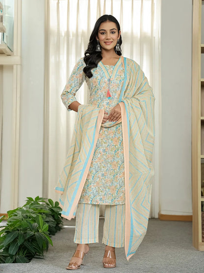 Blue Pure Cotton Floral Print Kurta Dupatta Pant Set