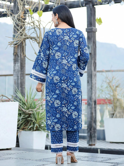Blue Pure Cotton Kurta Dupatta Set With Thread Work Detailing