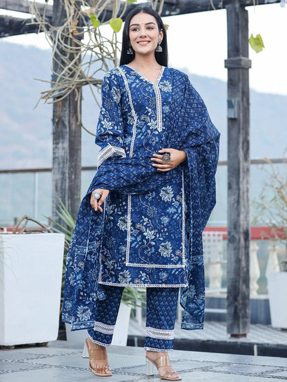 Blue Pure Cotton Kurta Dupatta Set With Thread Work Detailing