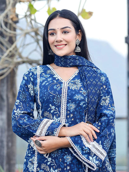 Blue Pure Cotton Kurta Dupatta Set With Thread Work Detailing