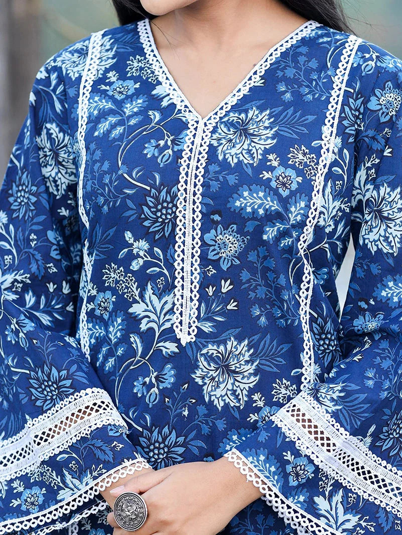 Blue Pure Cotton Kurta Dupatta Set With Thread Work Detailing