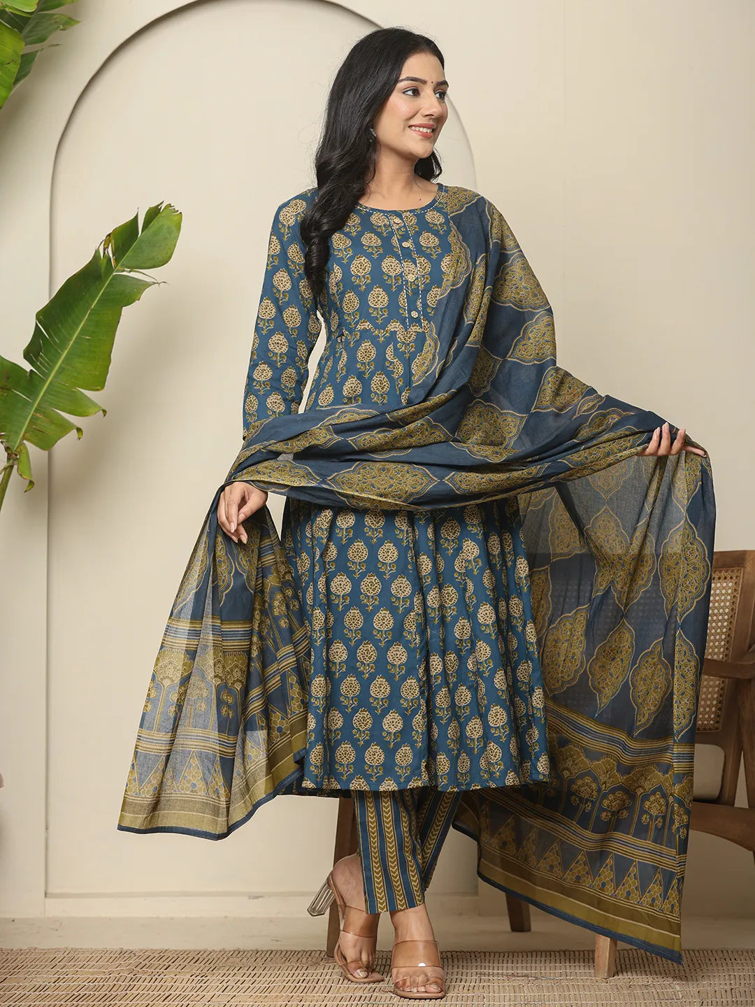 Blue Pure Cotton Maternity Kurta Set With Dupatta