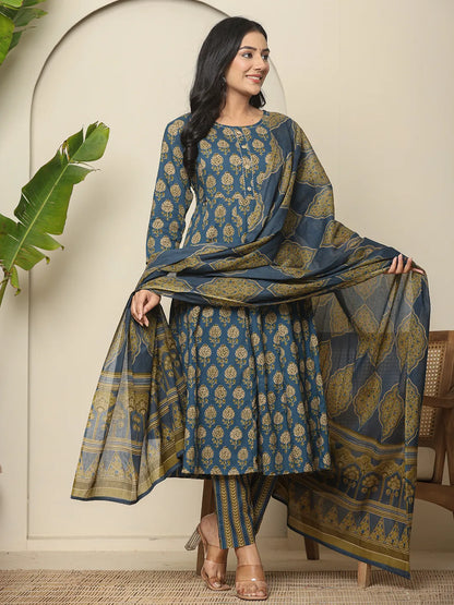 Blue Pure Cotton Maternity Kurta Set With Dupatta