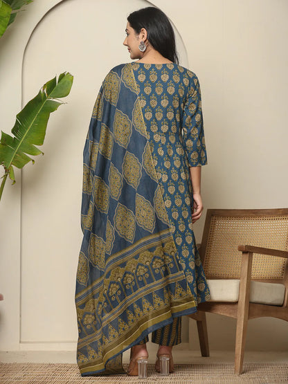 Blue Pure Cotton Maternity Kurta Set With Dupatta