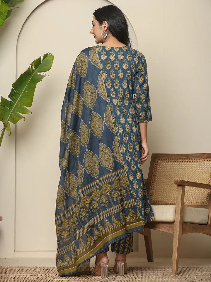 Blue Pure Cotton Maternity Kurta Set With Dupatta