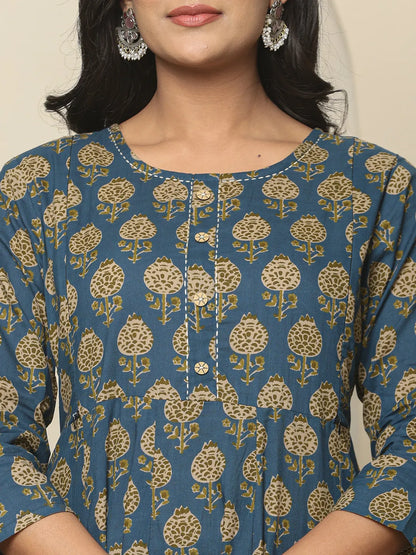 Blue Pure Cotton Maternity Kurta Set With Dupatta