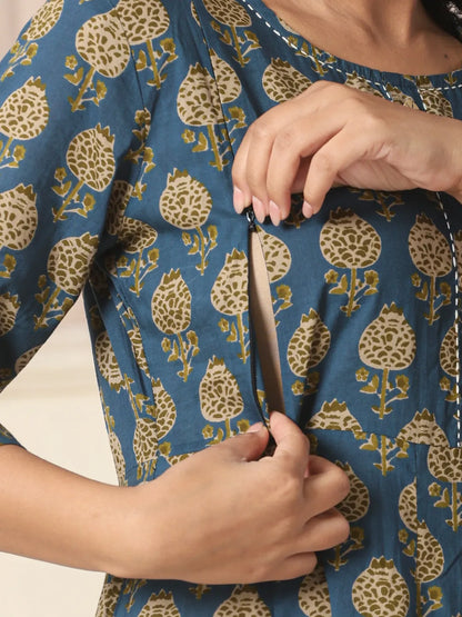 Blue Pure Cotton Maternity Kurta Set With Dupatta