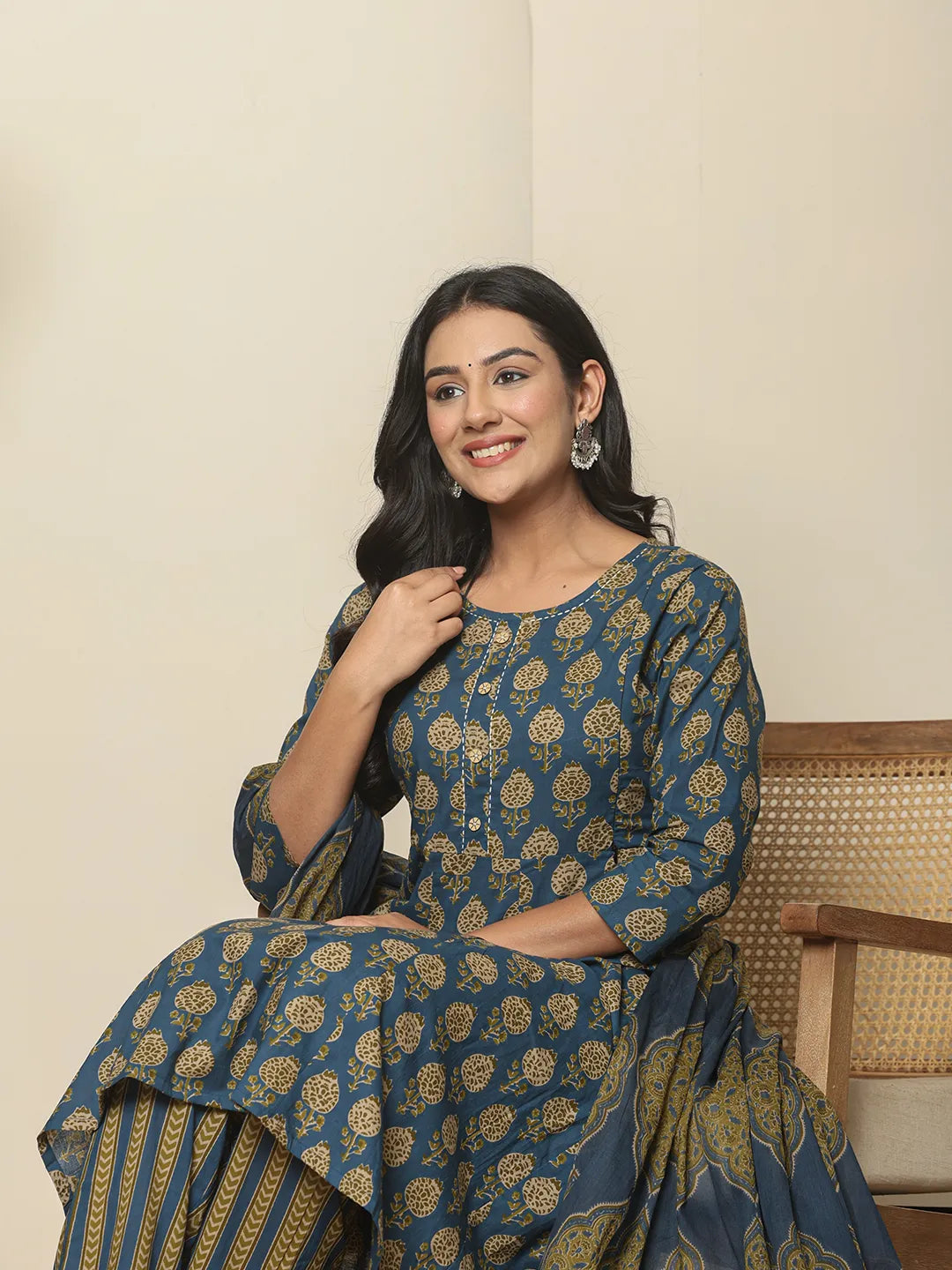 Blue Pure Cotton Maternity Kurta Set With Dupatta