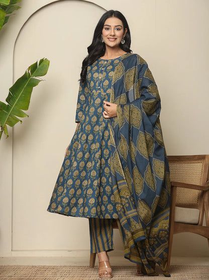 Blue Pure Cotton Maternity Kurta Set With Dupatta