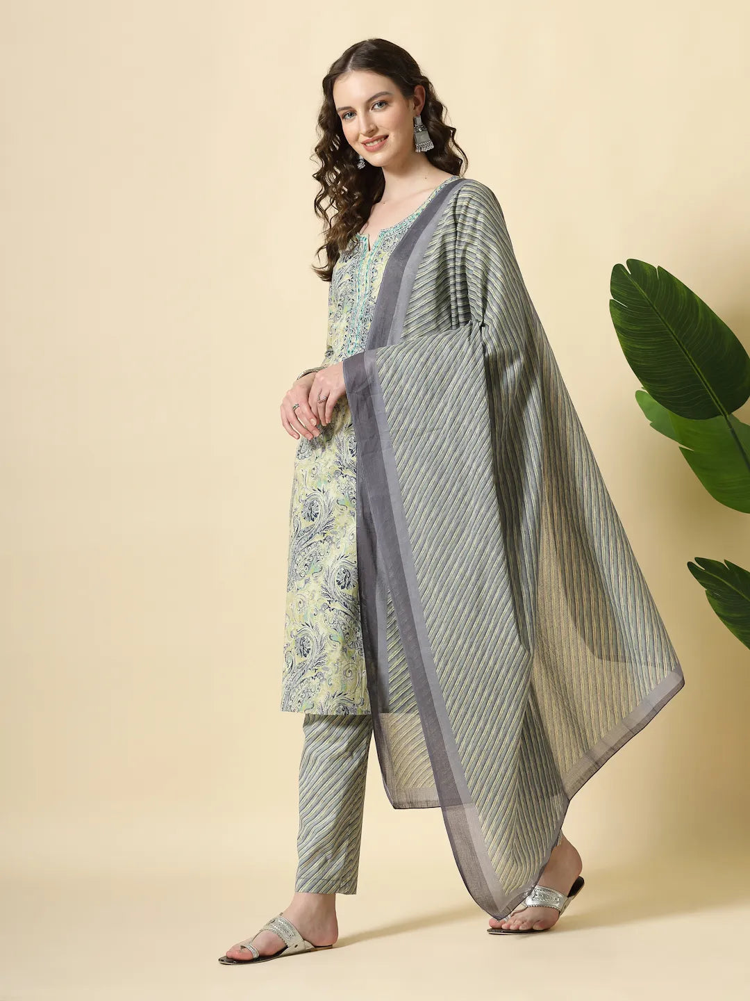 Blue Pure Cotton Paisley Kurta Dupatta Pant Set