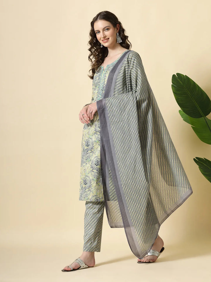 Blue Pure Cotton Paisley Kurta Dupatta Pant Set