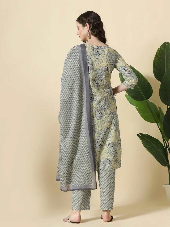 Blue Pure Cotton Paisley Kurta Dupatta Pant Set