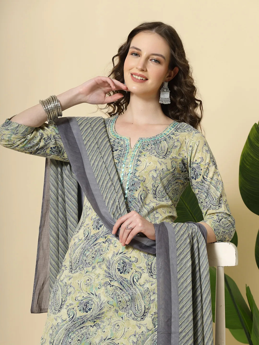 Blue Pure Cotton Paisley Kurta Dupatta Pant Set
