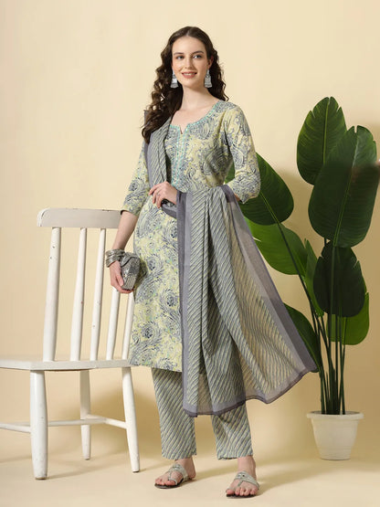 Blue Pure Cotton Paisley Kurta Dupatta Pant Set