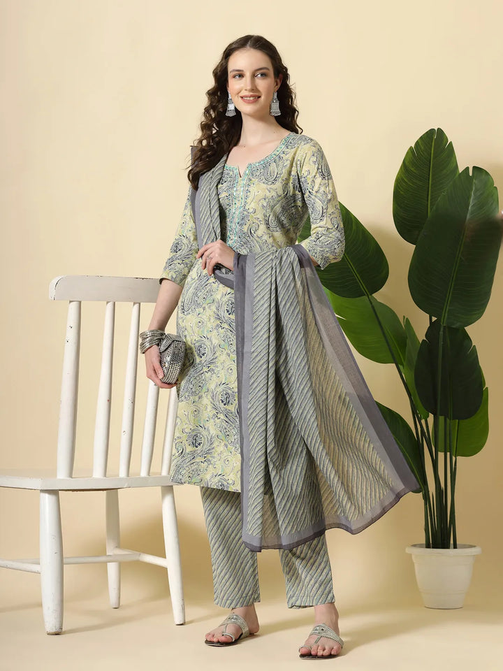 Blue Pure Cotton Paisley Kurta Dupatta Pant Set