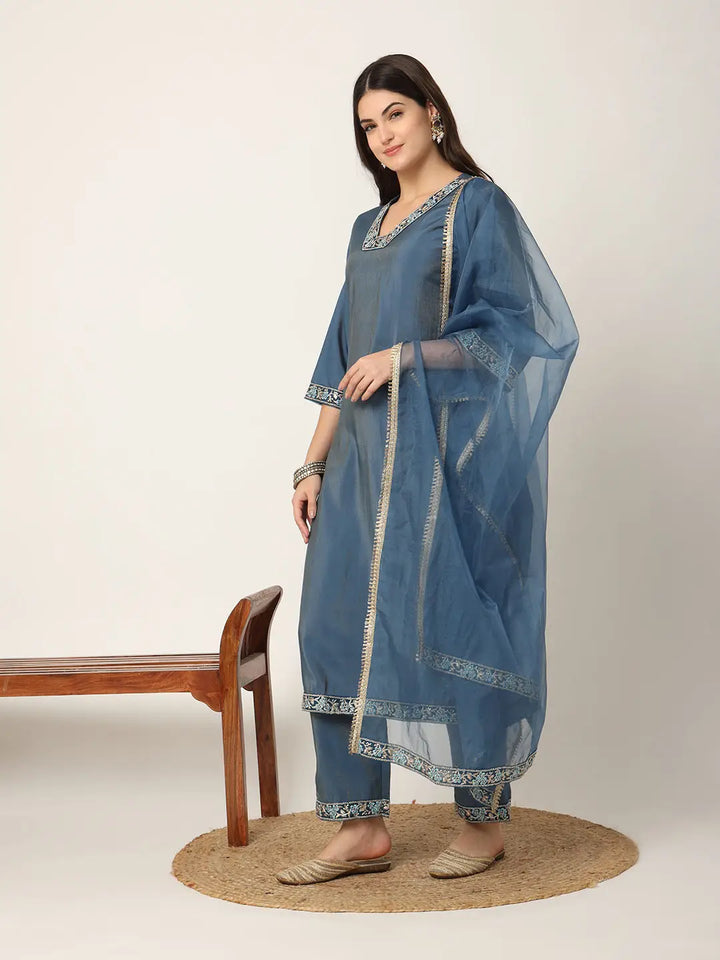 Blue Roman Silk Zari Work On Yoke Straight Kurta Dupatta Set