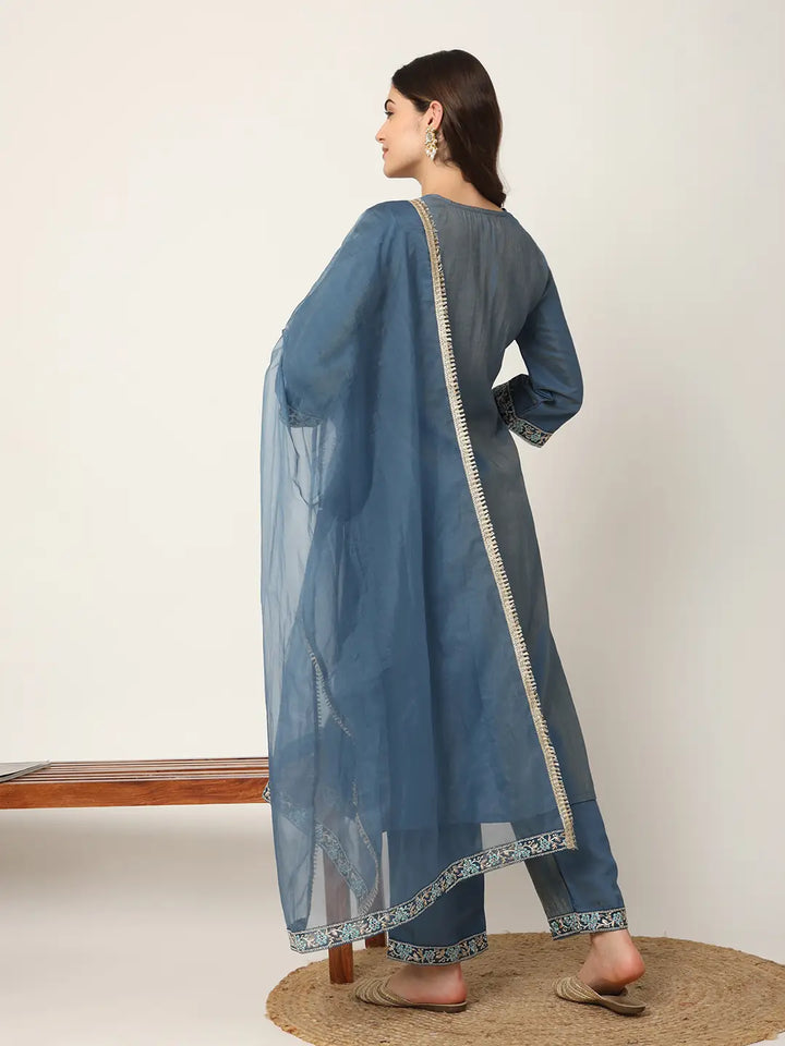 Blue Roman Silk Zari Work On Yoke Straight Kurta Dupatta Set