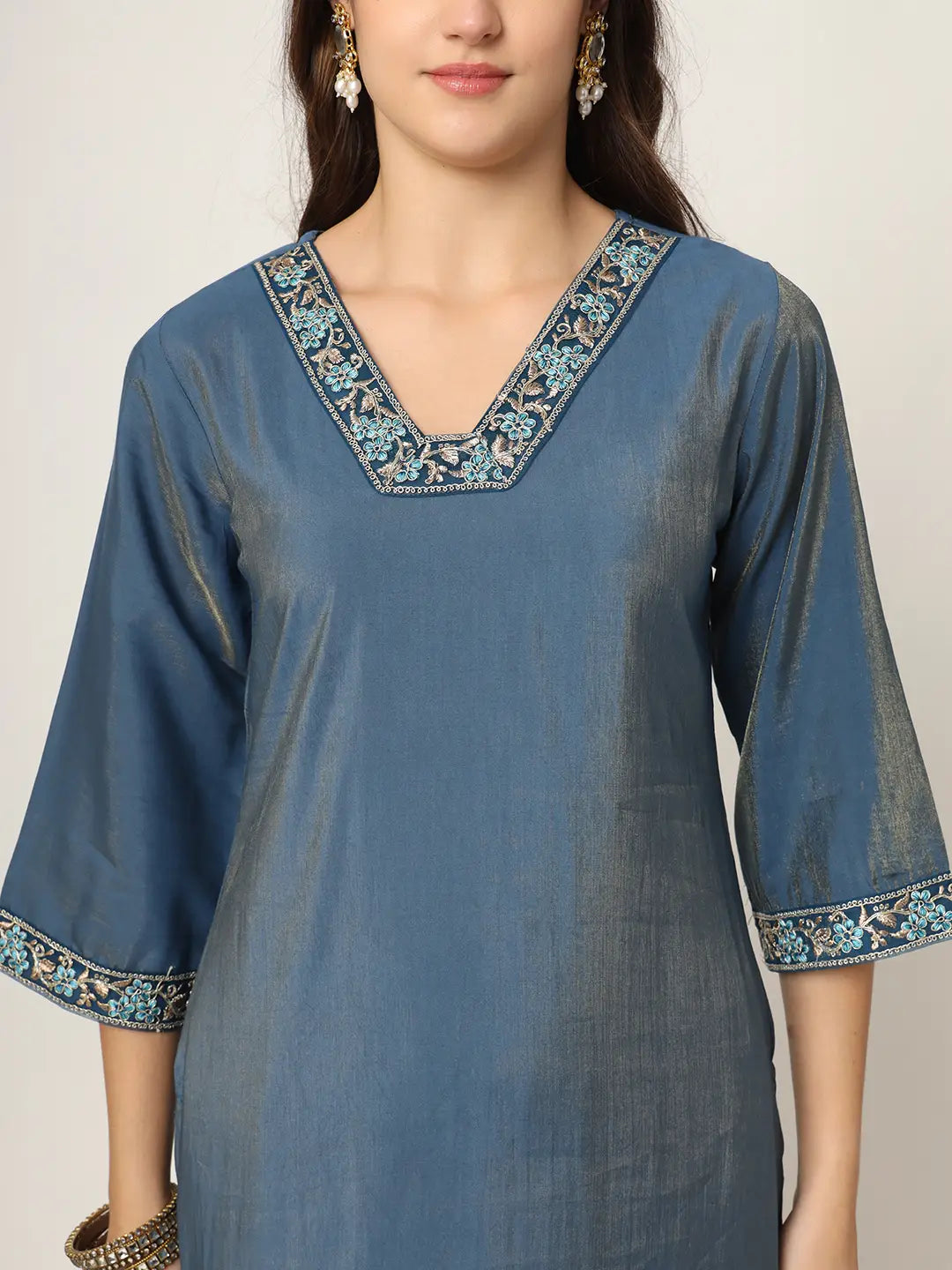 Blue Roman Silk Zari Work On Yoke Straight Kurta Dupatta Set