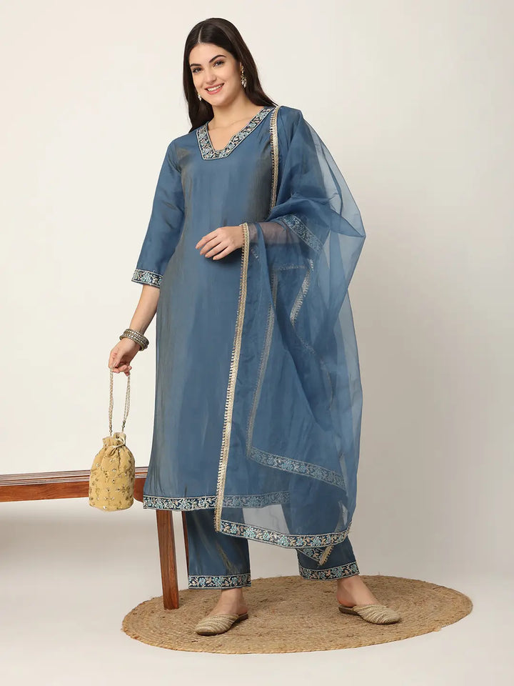 Blue Roman Silk Zari Work On Yoke Straight Kurta Dupatta Set