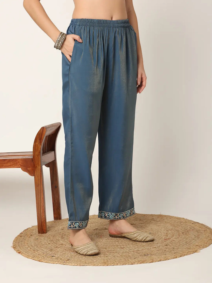 Blue Roman Silk Zari Work On Yoke Straight Kurta Dupatta Set