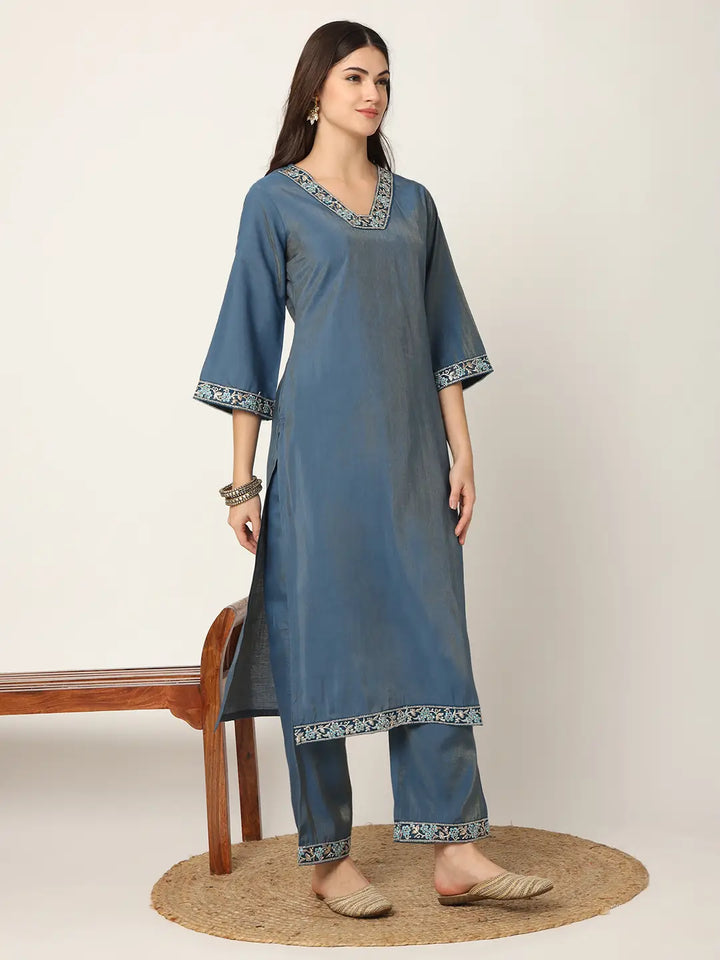 Blue Roman Silk Zari Work On Yoke Straight Kurta Dupatta Set