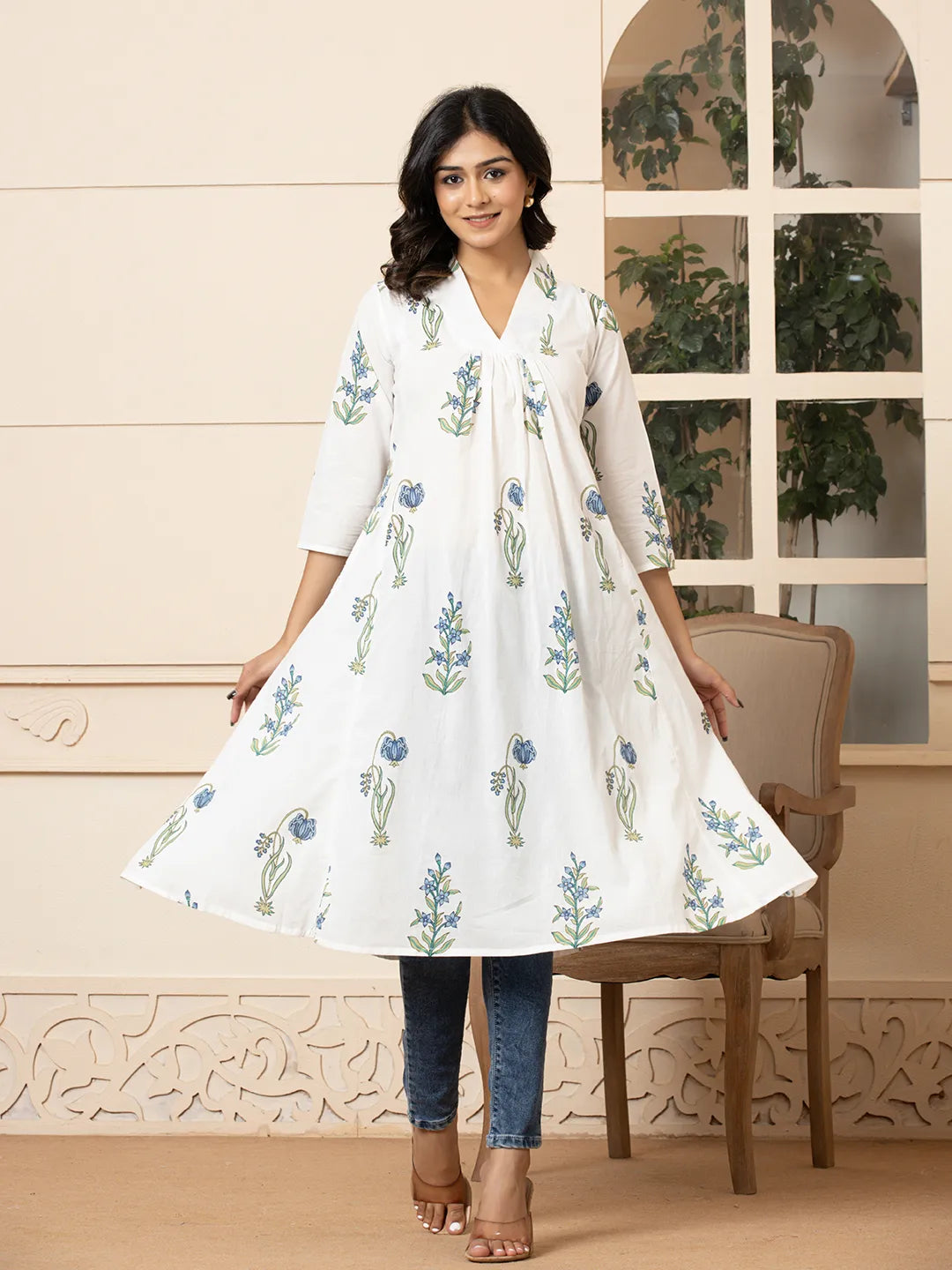 Women's Blue Cotton Blue & White Cotton Floral Print Aline Kurta by Yufta, suitable for wholesale buyers, boutiques, retailers, resellers and bulk fashion orders from Trendphoria