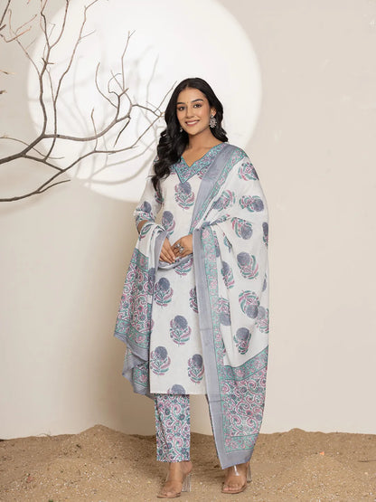 Blue & White Floral Print Cotton Straight Kurta Dupatta Set