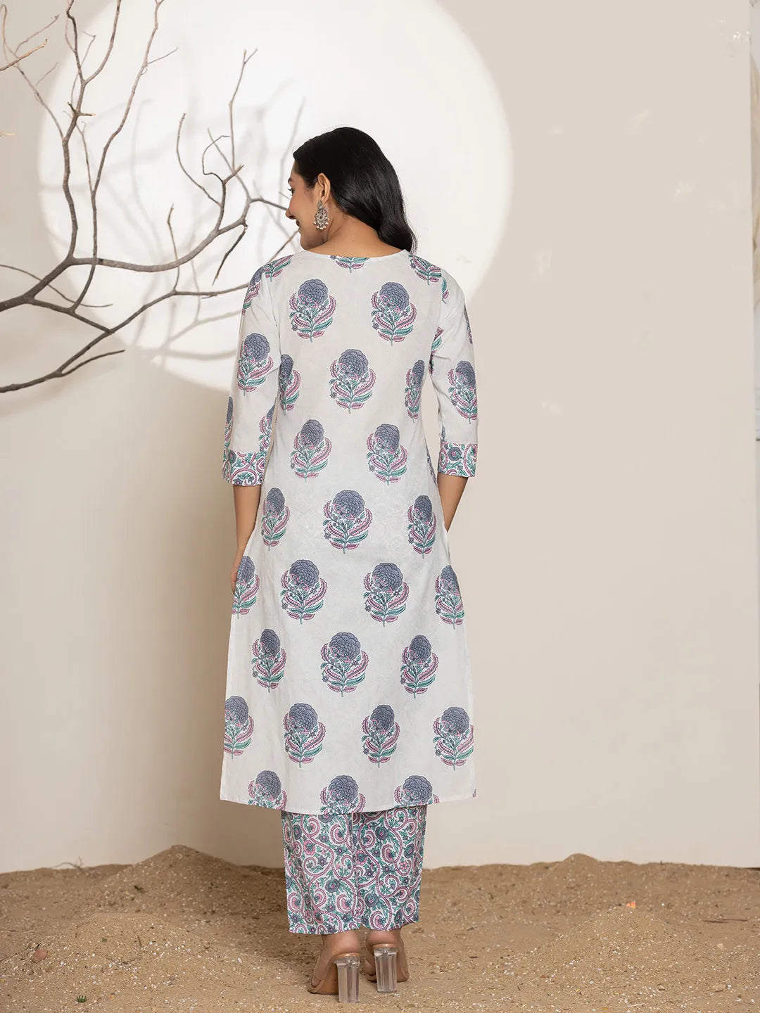 Blue & White Floral Print Cotton Straight Kurta Dupatta Set