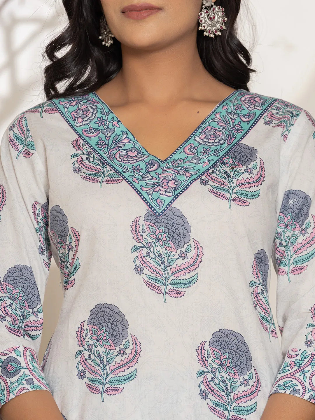 Blue & White Floral Print Cotton Straight Kurta Dupatta Set