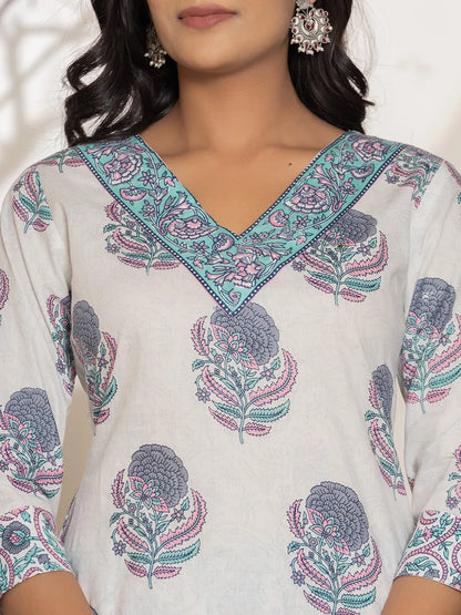 Blue & White Floral Print Cotton Straight Kurta Dupatta Set