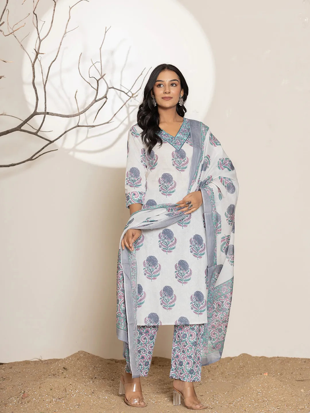 Blue & White Floral Print Cotton Straight Kurta Dupatta Set