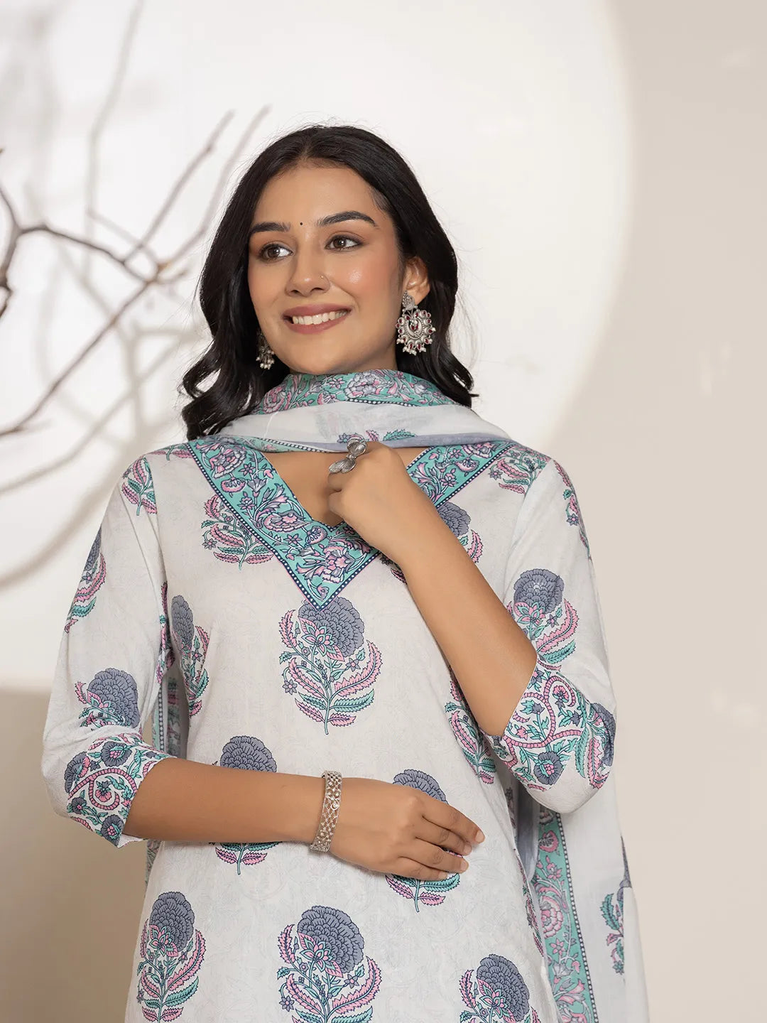 Blue & White Floral Print Cotton Straight Kurta Dupatta Set