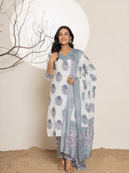 Women's Blue Cotton Blue & White Floral Print Cotton Straight Kurta Dupatta Set by Yufta, suitable for wholesale buyers, boutiques, retailers, resellers and bulk fashion orders from Trendphoria