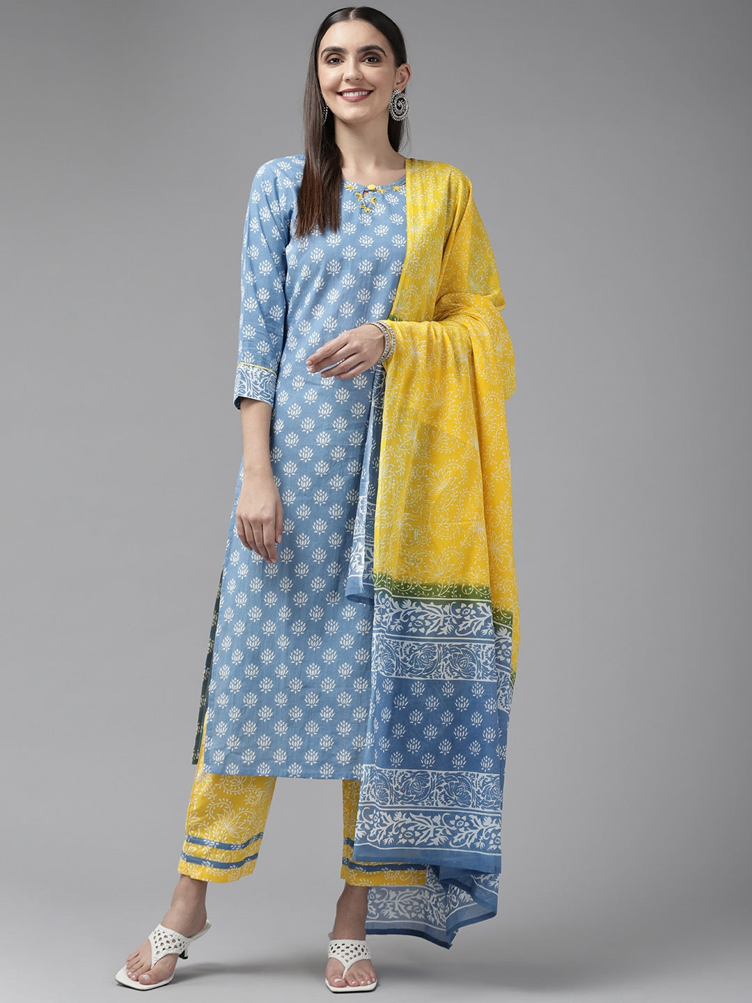Blue & Yellow Ethnic Printed Dupatta Set