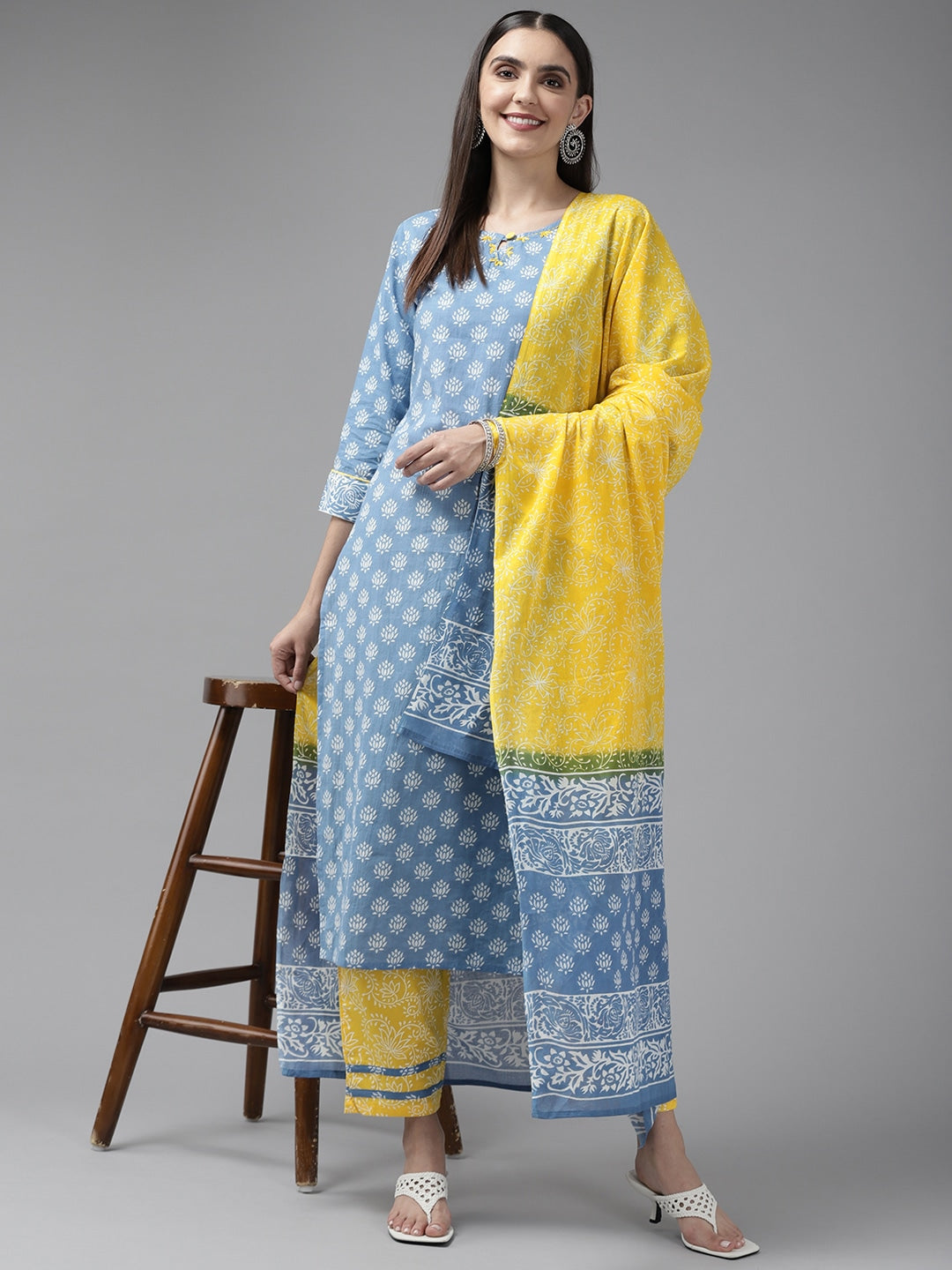 Blue & Yellow Ethnic Printed Dupatta Set