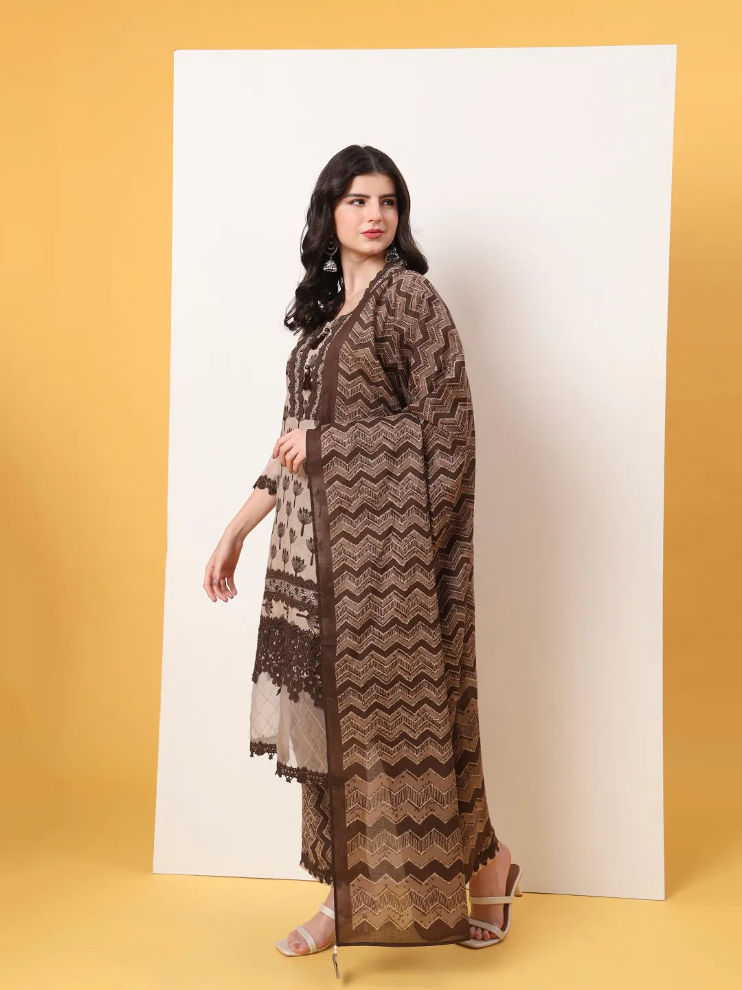 Brown And Off White Cotton Kurta Dupatta Set With Lace Detailing
