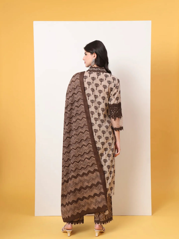 Brown And Off White Cotton Kurta Dupatta Set With Lace Detailing