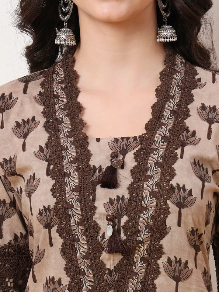 Brown And Off White Cotton Kurta Dupatta Set With Lace Detailing
