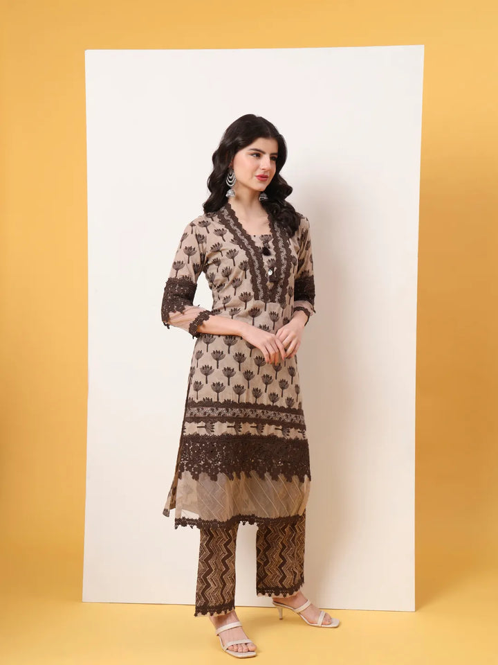 Brown And Off White Cotton Kurta Dupatta Set With Lace Detailing