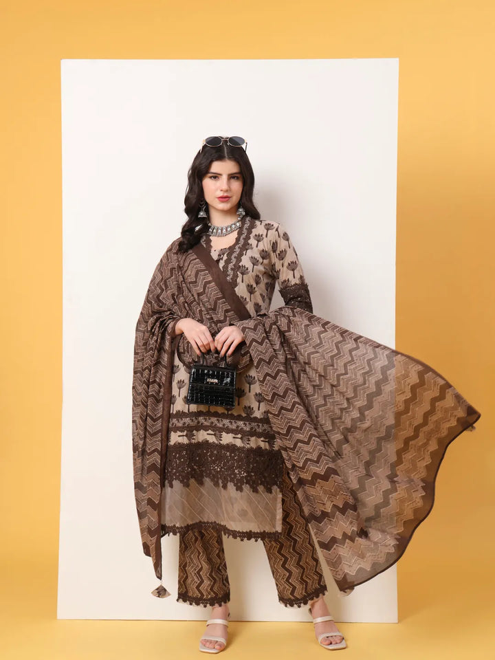 Brown And Off White Cotton Kurta Dupatta Set With Lace Detailing