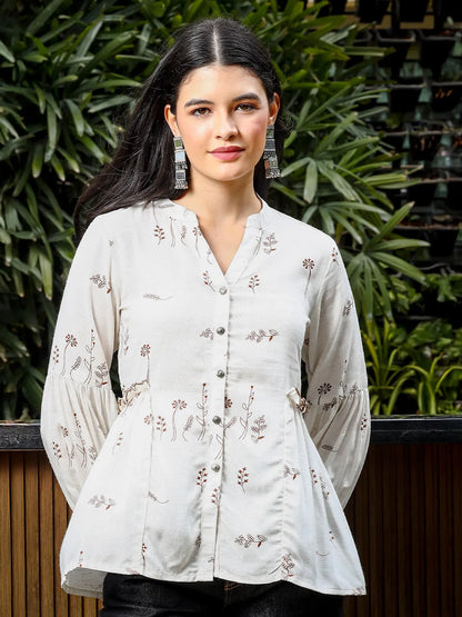 Women's Brown Linen Brown And White Cotton Linen Flare Shirt Style Top by Yufta, suitable for wholesale buyers, boutiques, retailers, resellers and bulk fashion orders from Trendphoria