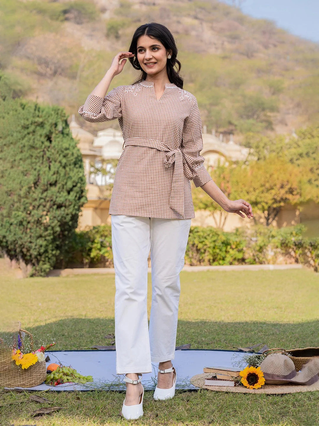 Brown Cotton Checks Embroidery Top