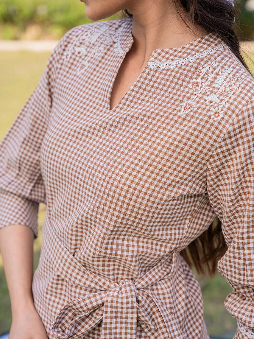 Brown Cotton Checks Embroidery Top
