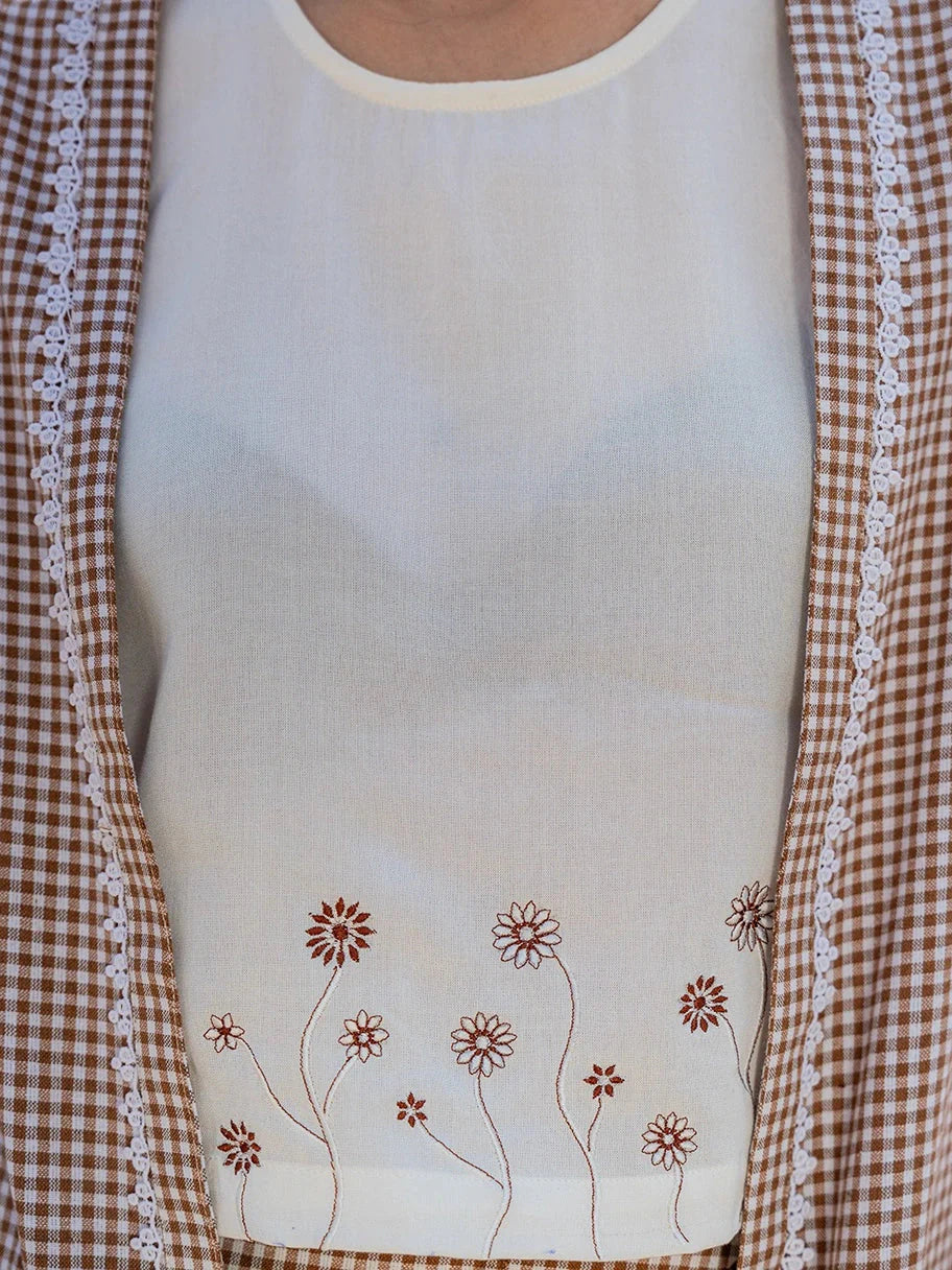 Brown Cotton Checks Print Co Ord Set With Embroidery