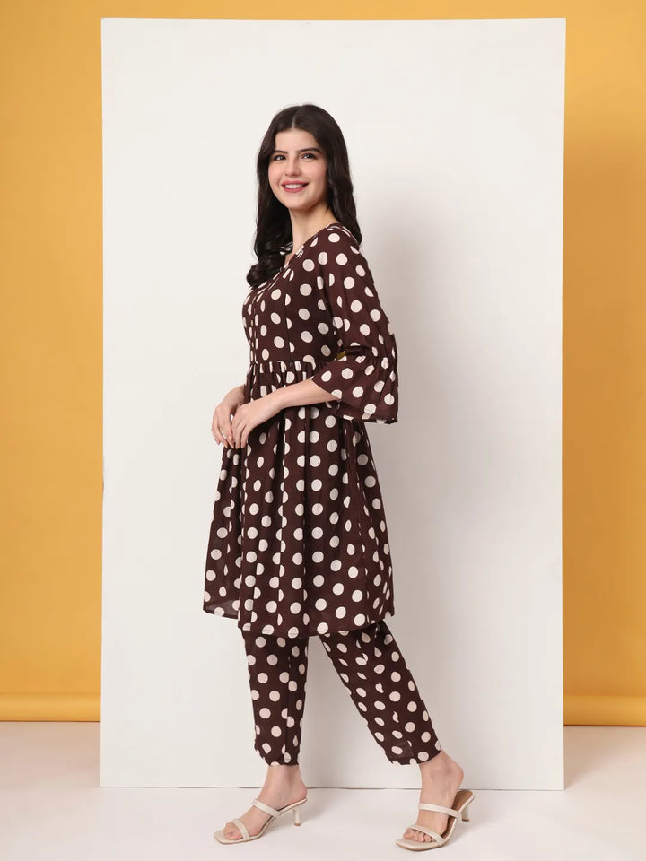 Brown Cotton Maternity Gathered Or Pleated Kurta Pants Set