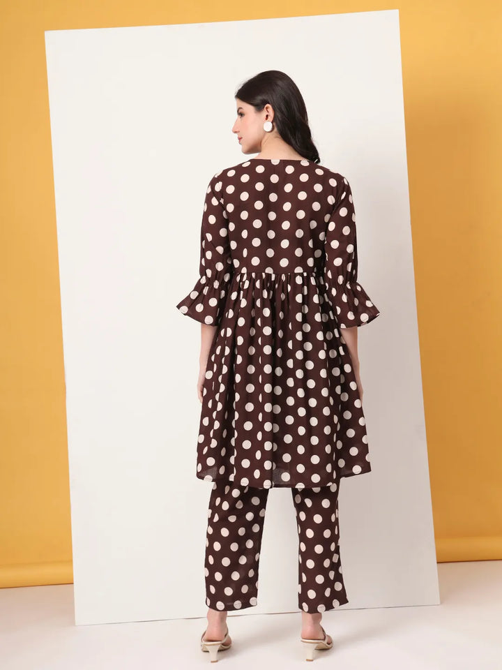 Brown Cotton Maternity Gathered Or Pleated Kurta Pants Set