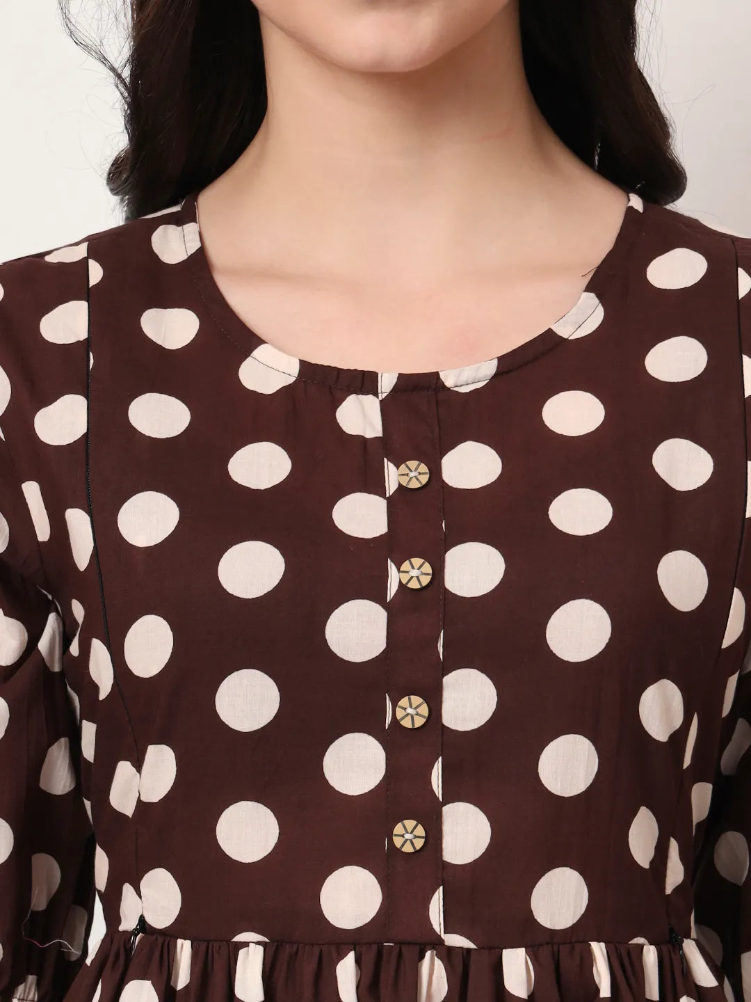 Brown Cotton Maternity Gathered Or Pleated Kurta Pants Set